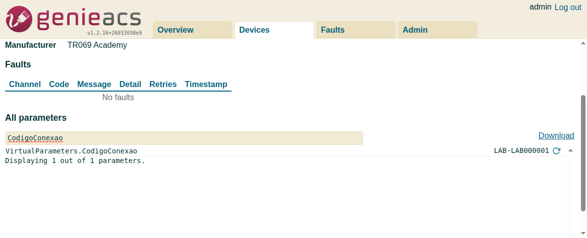 VirtualParameters.CodigoConexao no device GenieACS